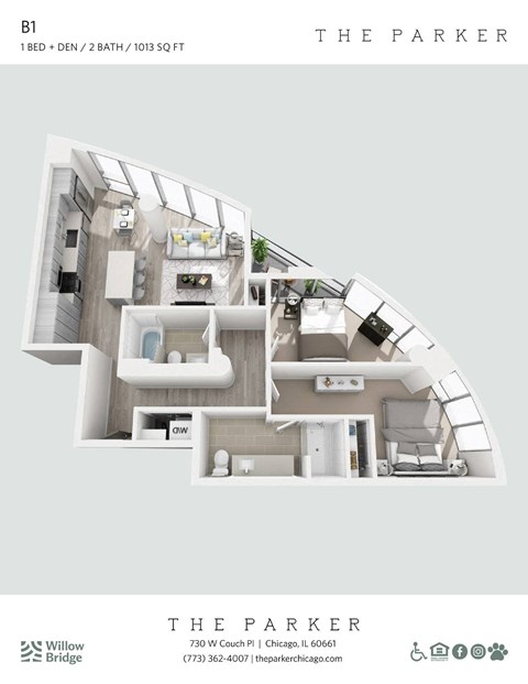 Floor plan for 2 beds, 2 baths, 1013 sqft